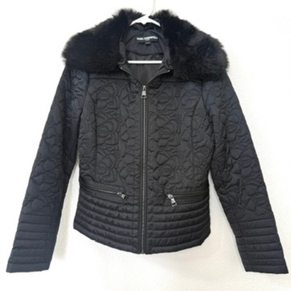 Karl Lagerfeld Paris Quilted‎ Jacket Black Faux Fur Collar Zip Up Women’s S